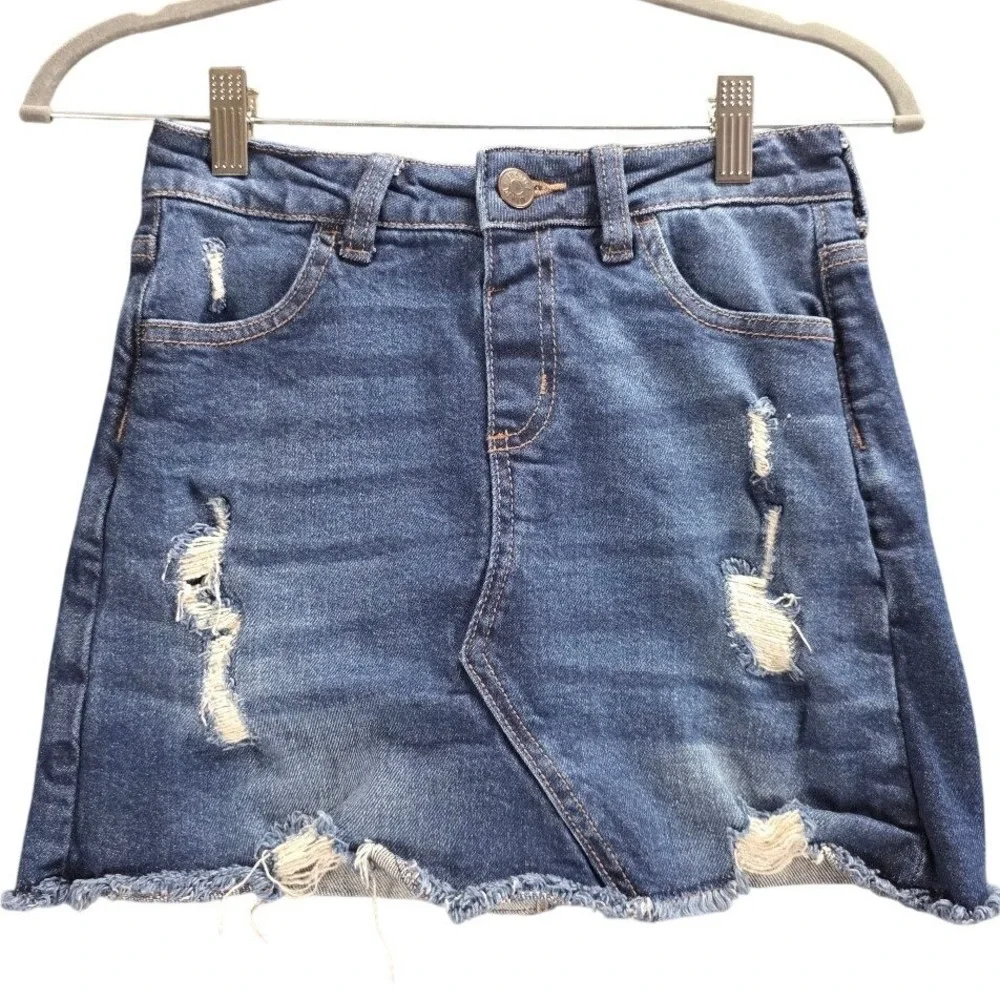 Justice Girls Dark Wash Distressed‎ Denim Skort Size 12 Frayed Raw Hem 474654